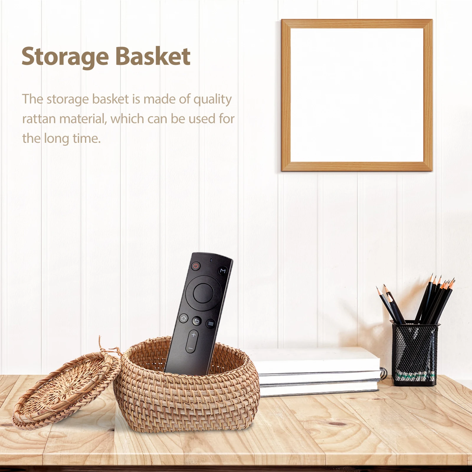 

Foldable Rattan Storage Organizer Basket Lid Desktop Sundries Basket Natural Woven Storage Box Books Pens Fruits