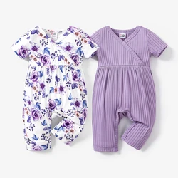 PatPat Baby Girl All Over Rabbit Print/Solid color/Floral print Ribbed V Neck Short-sleeve Jumpsuit