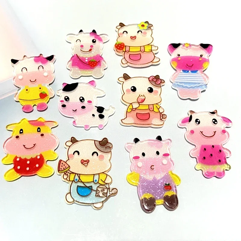 10Pcs Cartoon Animal Cattle Cow Glitter Acrylic Planar Scrapbook Embellishment DIY Fridge Magnet Accessory Phone Case Decor