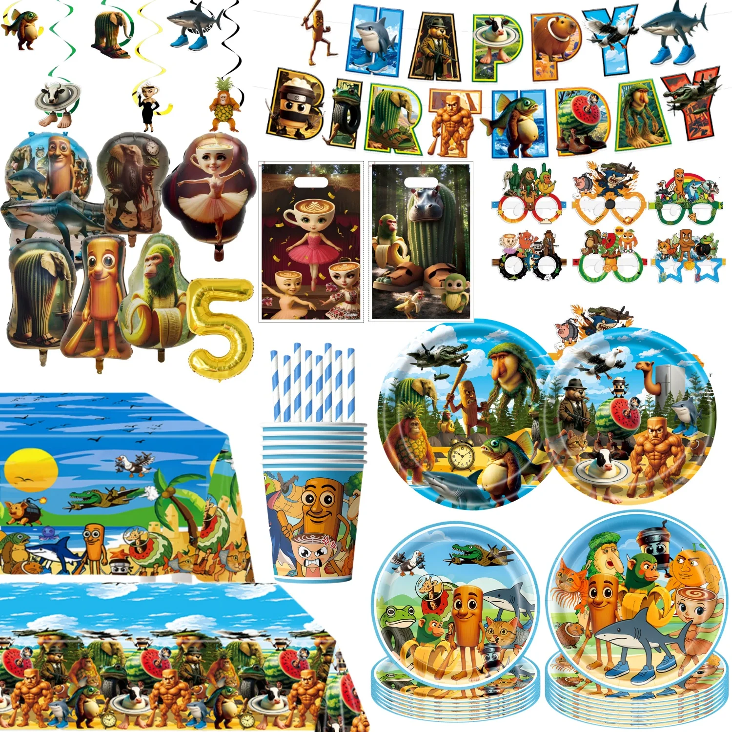 Tung Sahur Tralalo Birthday Party Theme Decorations Brainrot Treat Bags Tablecloth Cup Plate Set Italian Style Party Favors