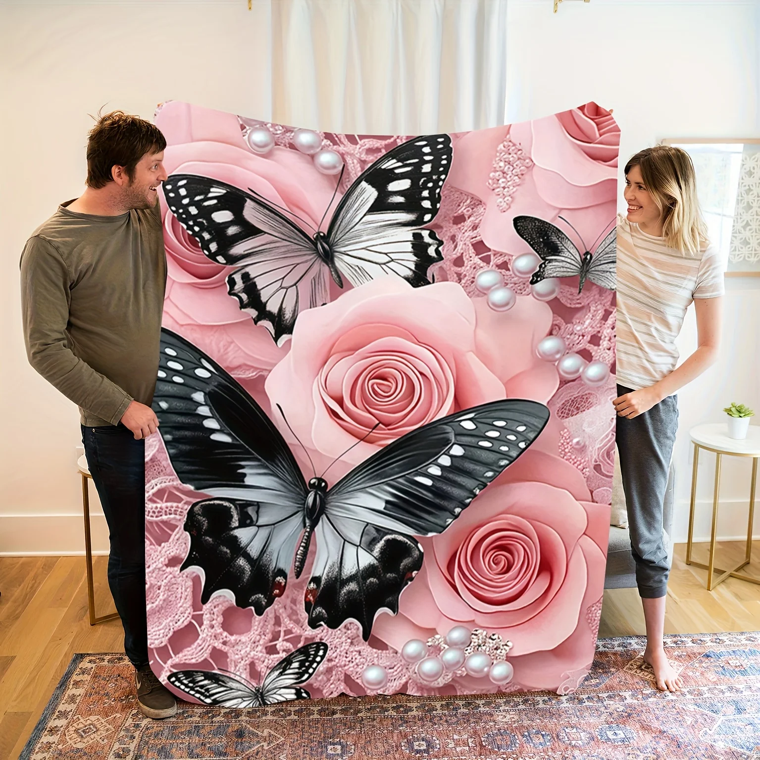 

Soft, Warm Beautiful Pink Rose Butterfly Romantic and Elegant Theme Pattern Flannel Blanket, All-Season Gift Print Blanket