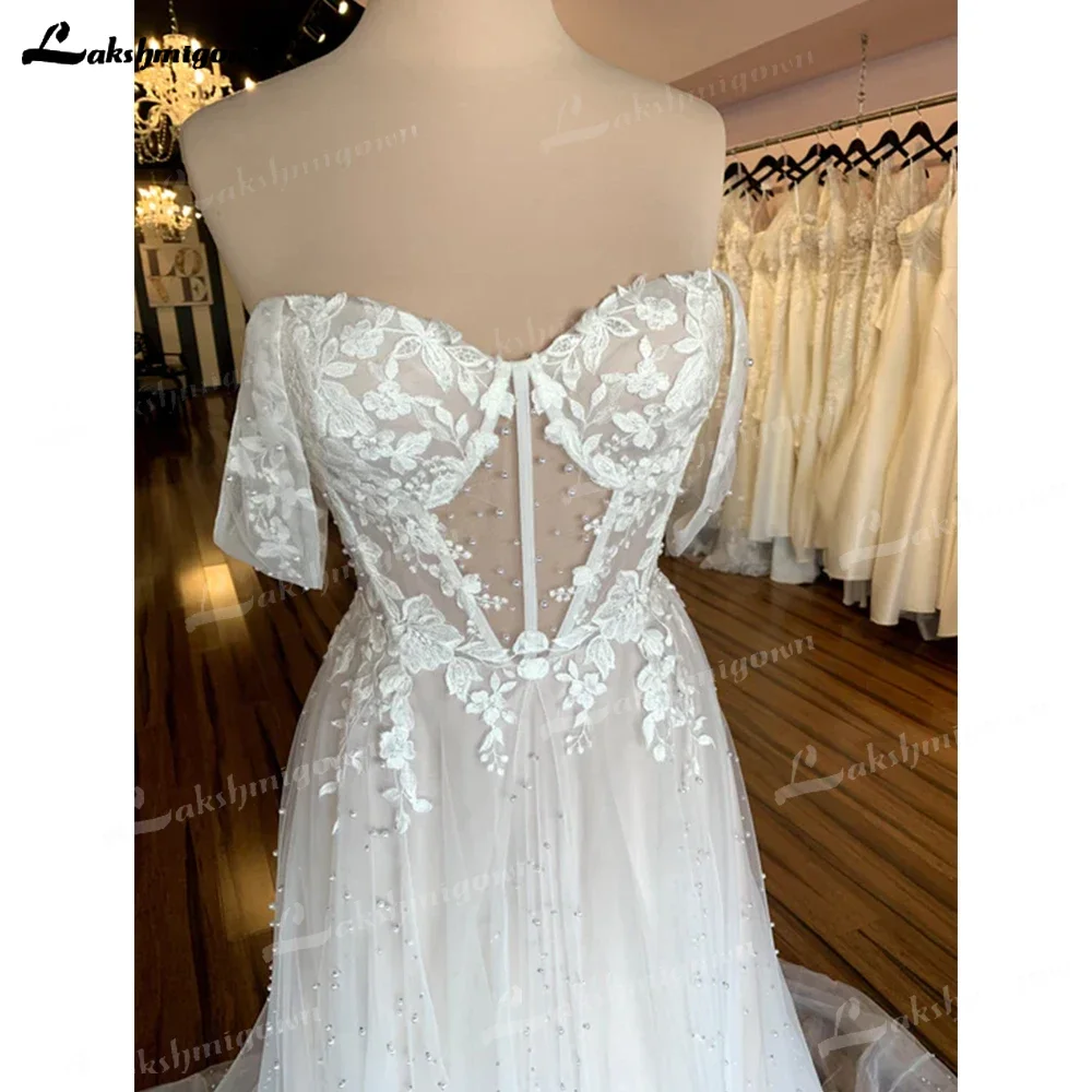 Boho Romantic Sexy Unique Wedding Dress Bridal Gown Off Shoulder Beading Detachable Sleeves A-line Sweetheart Robe De Mariee