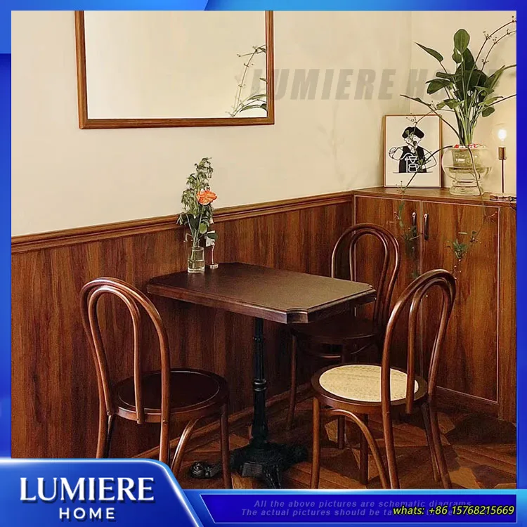 Vintage Wooden Coffee Chair Set for Cafe Bakery Bar Dining Room Retro Style Small Round Square Table Furniture