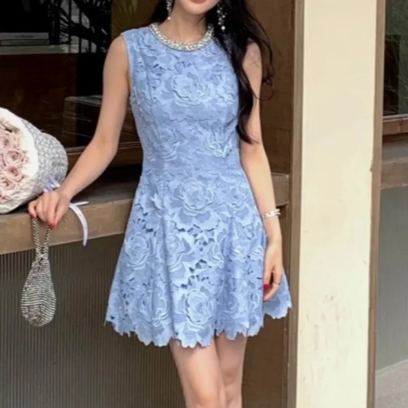 UNI Luxe Kristal Kant Formele Jurk Dames Zomer Elegant Kralen Uitgehold Borduren Prom Avondfeest Korte Jurken Blauw
