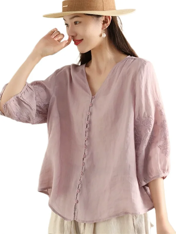 レトロ V ネック オルト スヴェ 刺繍入り リネン コットン ブレンド イルト レディース ルーズフィット ボタンアップ サマー トップス 中国風