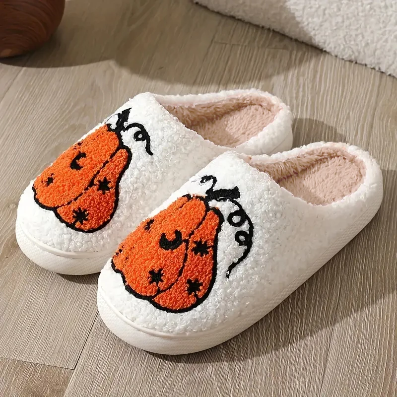 Winter Fluffy Slippers Women Home Funny Halloween Pumpkin Designer Shoes Ladies Fuzzy Fur Indoor Trend Plush Footwear Soft Sole