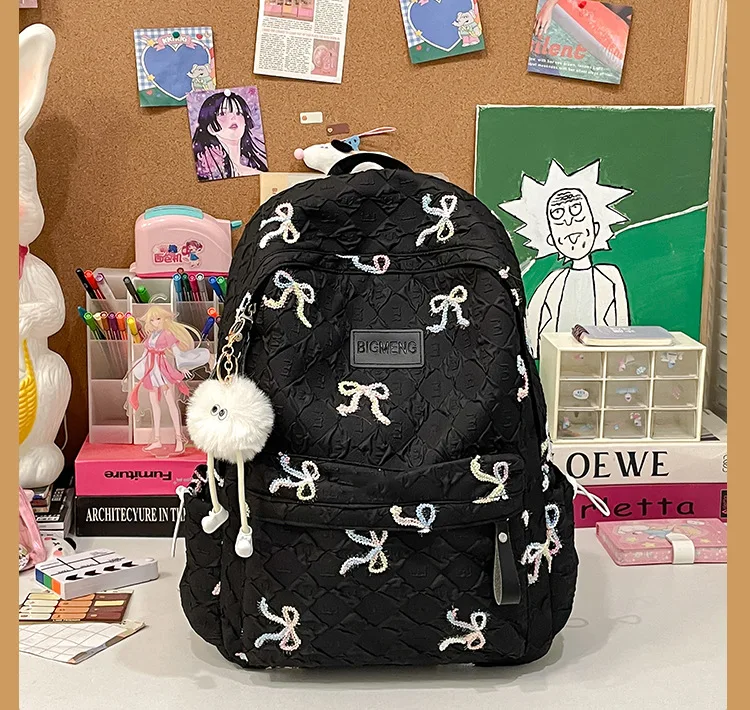 Colorful Bow Full Print Ruched Fabric Backpack Four Colors Available Large Capacity Girls Junior High High School School Bag