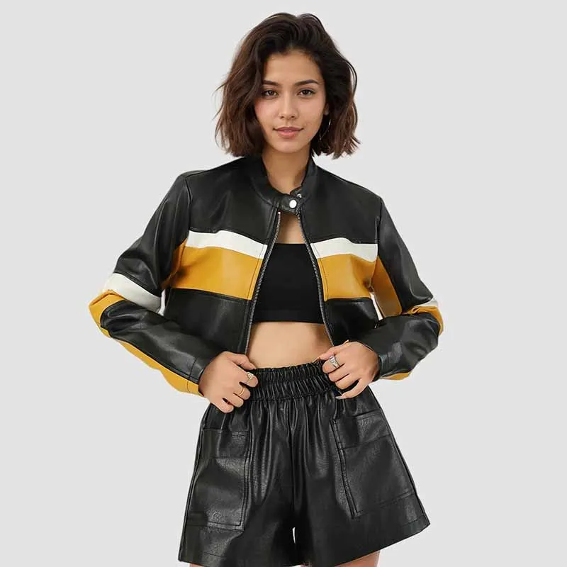 Y2K – veste en cuir épissé pour femme, manteau de moto tendance, couleur contrastée, fermeture éclair, Pu, Sexy, Slim Fit, vestes courtes