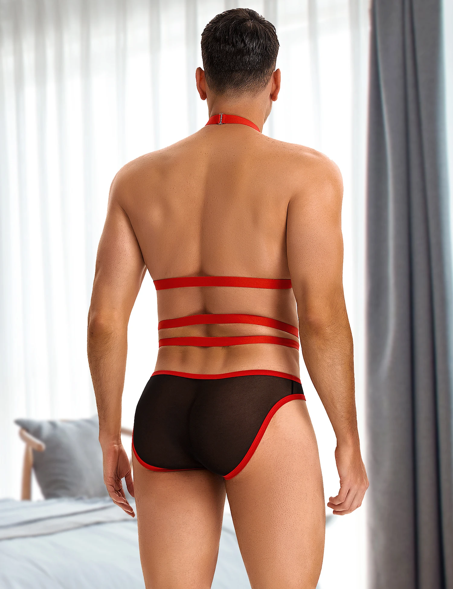 Comeondear Men Underwear Mesh Briefs Red Harness Halter Bondage Bodysuits U-shaped Convex Pouch Hot Panties Sexy Sissy Lingeries
