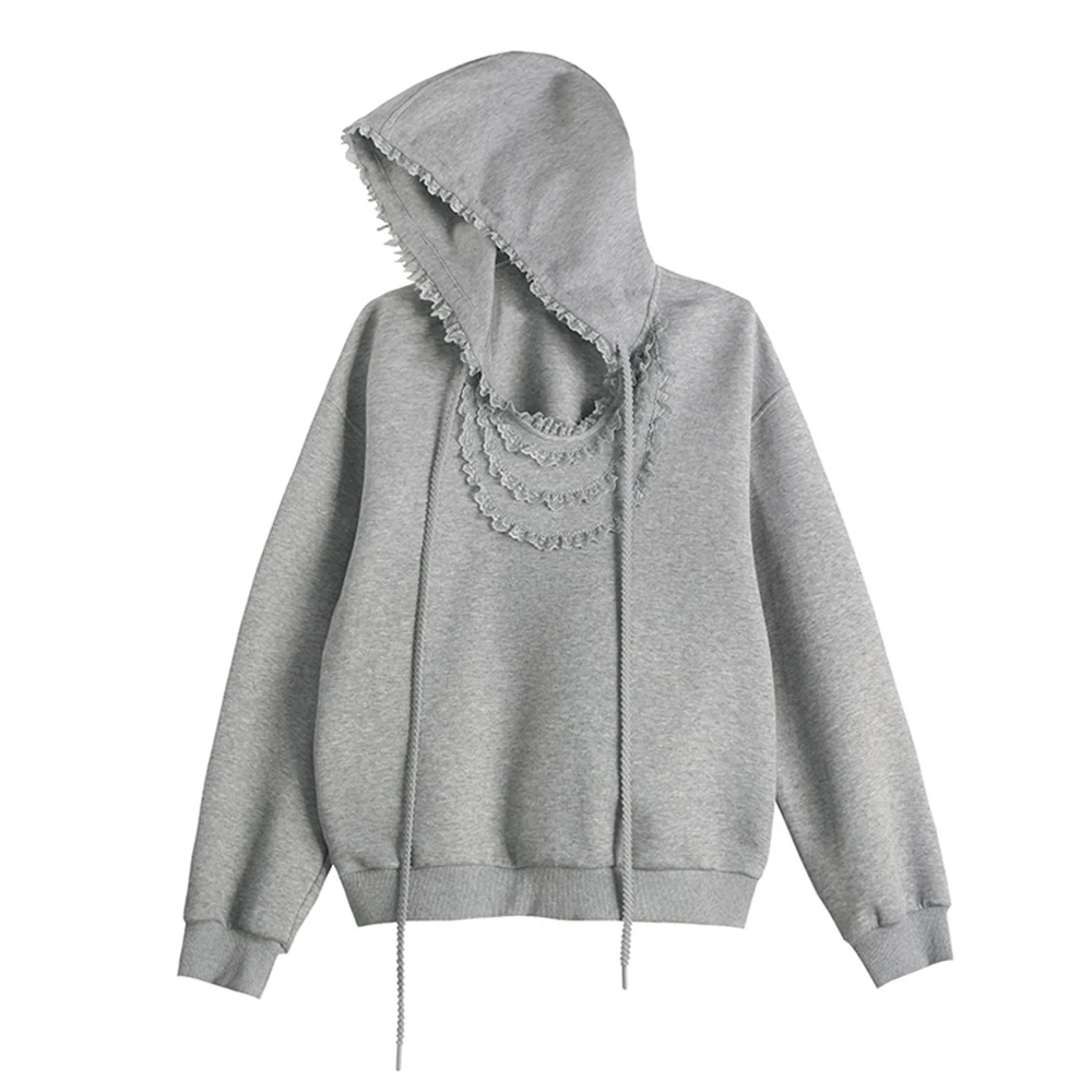 2025 novo cinza hoodie retro outono rendas splice moda topos estilo coreano y2k roupas mulher moletom feminino manga longa hoodies