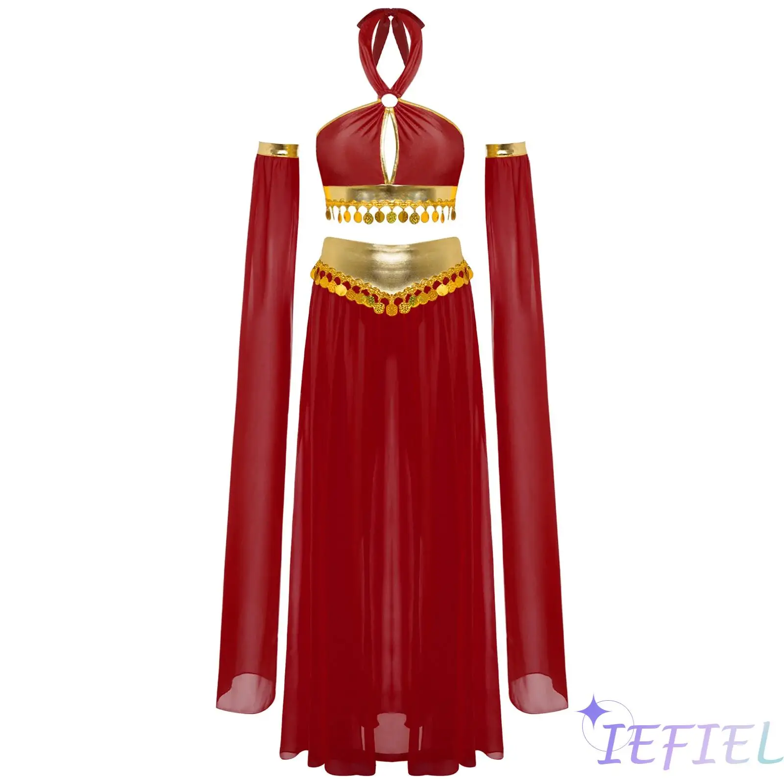 

Women Belly Dance Outfits Self-Tie Halter Hollow Out Sequins Hem Dress for Arab Cosplay Belly Dance Stage Performance Costume