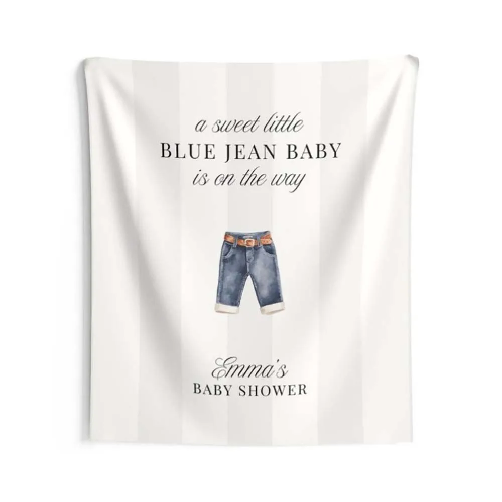 1 unidad de tapicería personalizada de mezclilla azul para baby shower, decoración de fondo neutra con nombre personalizado para baby shower
