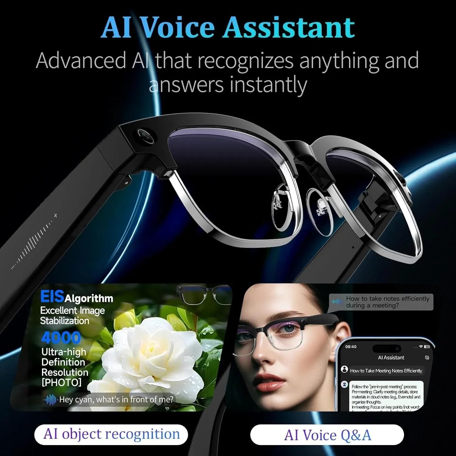 MoriTech Business 4K HD Color Change AI Smart Glasses 8MP Camera 1080P Video AI Chat Music Player Call AI Sports Glasses Men