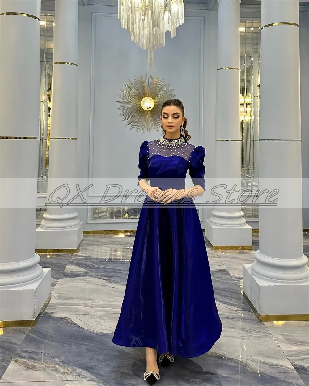 Customized Exquisite Party Dress Patchwork Half High Ankle-Length Prom Gown Muslim Clothing Evening Dresses فساتين للحفلات الراق