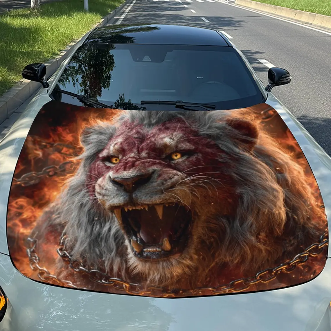 

Car Hood Sticker -Flame Chain Lion Pattern, Waterproof And Wear-resistant Vinyl, Decorative Car Scratches, Car Parts Accessories