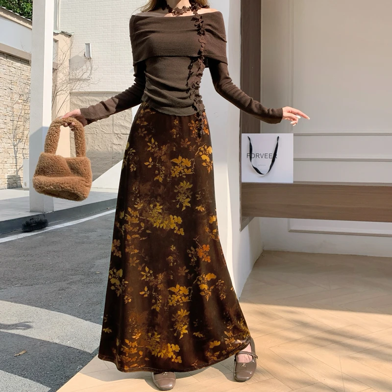 

Новая женская юбка-карандаш из карамельного бархата с завышенной талией, А-силуэт, облегающая, в китайском стиле, для повседневной носки