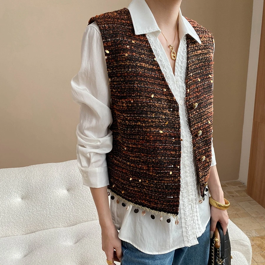 

Женский кардиган с блестками, жилет, вязаные джемперы с v-образным вырезом, без рукавов, однобортный, H Line, свободные офисные женские повседневные, осень-зима 2025