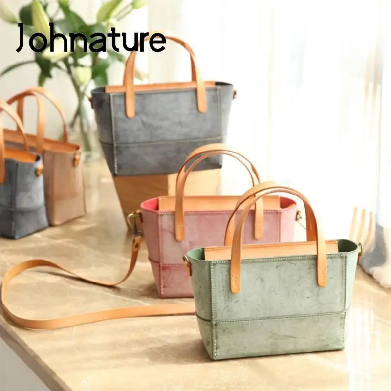 

Johnature Simple Natural Fog Wax Leather Handbag 2024 New Handmade Bag Women Vintage Real Cowhide Solid Color Shoulder Bags