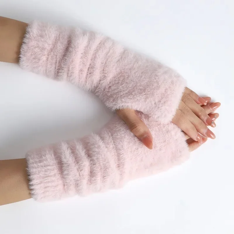 Mink-Like Velvet Arm Warmer for Women Winter Fingerless Gloves Knit Mitten Gloves Wrist Warmer with Thumb Hole