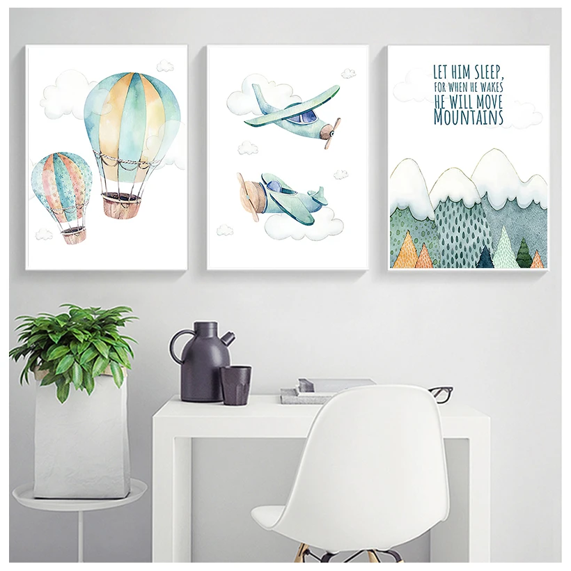 Child Adventure Poster Print Watercolor Artwork Airplane Balloon Canvas Painting Wall Picture Nordic Kids Boy Bedroom Decoration