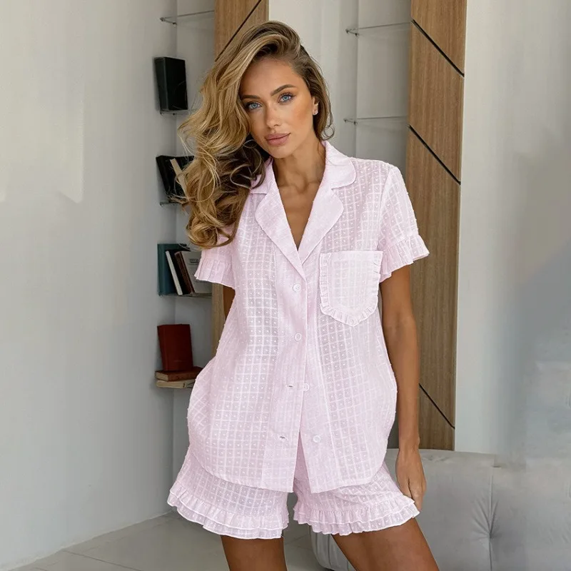 

Women's Pink Cotton Jacquard Ruffle Edge Pajamas Set Short Sleeves Shorts Pockets Comfortable Lounge Wear Europe 2 Pieces L Size