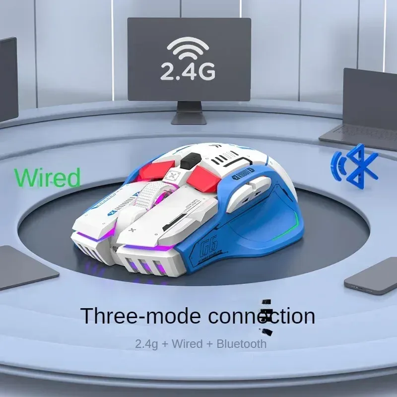 ماوس ألعاب لاسلكي Wolf G6 مجاني ثلاثي الوضع BT/2.4G/USB-C 16000 ديسيبل متوحد الخواص خفيف الوزن RGB قابل لإعادة الشحن للكمبيوتر/Mac
