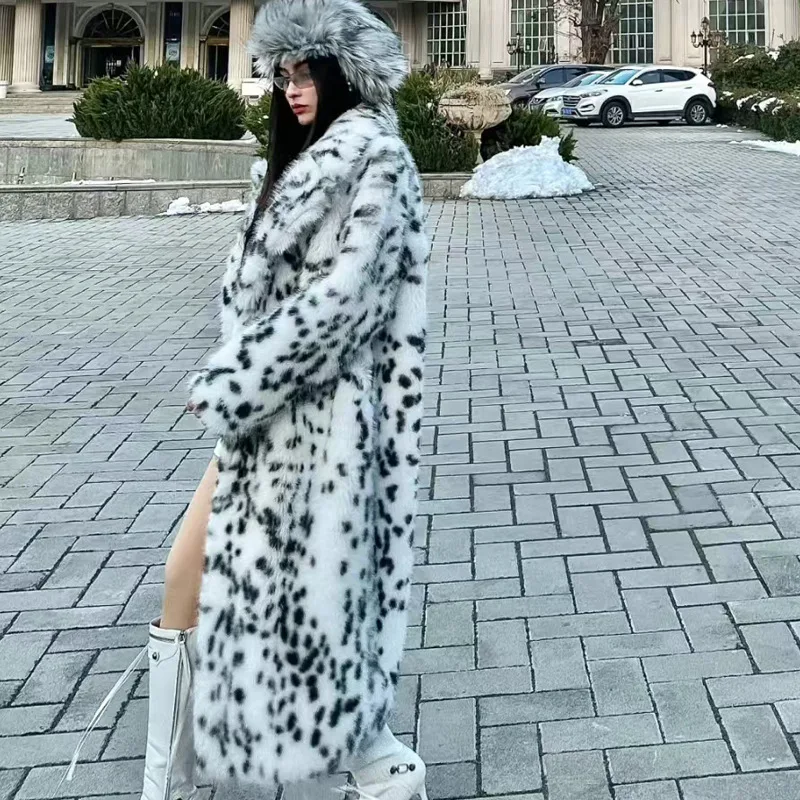 New Cool Girls Faux Fur Coat Long Belted Leopard Print Fox Fur Outerwears Women Autumn Winter Thick Warm Soft  Fluffy Overcoat