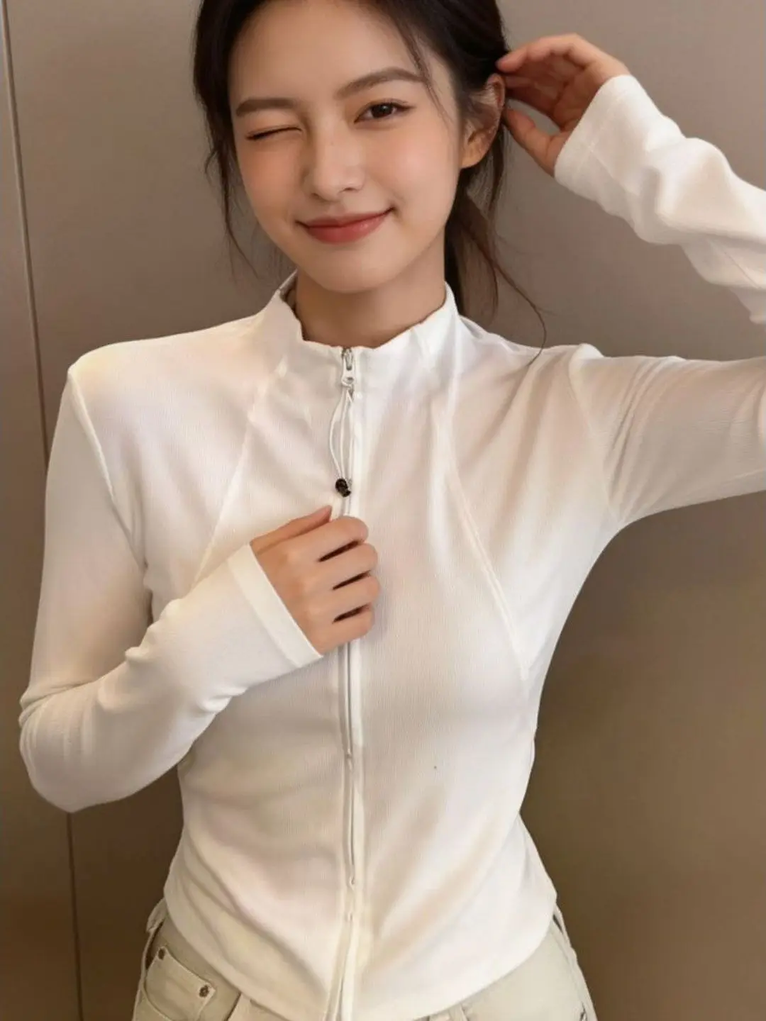 Slim Fit Long Sleeve T-Shirt Women's Cardigan Jacket Double Zipper Stand Collar Early Autumn New Style Base Shirt Top