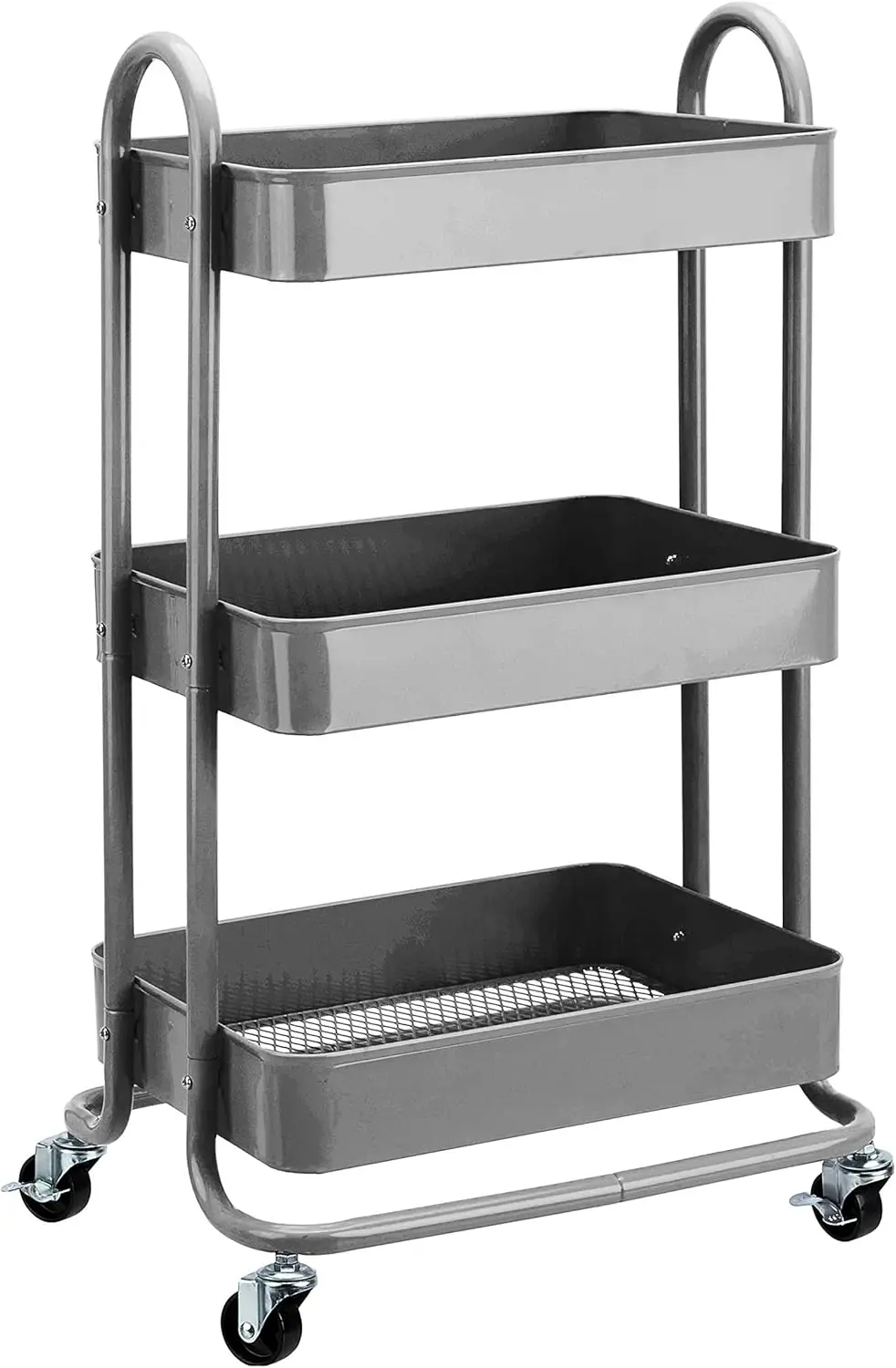 

3-Tier Rolling Utility Cart with Lockable Wheels, Multifunctional Metal Storage Organizer for Kitchen or Garage, Charcoal
