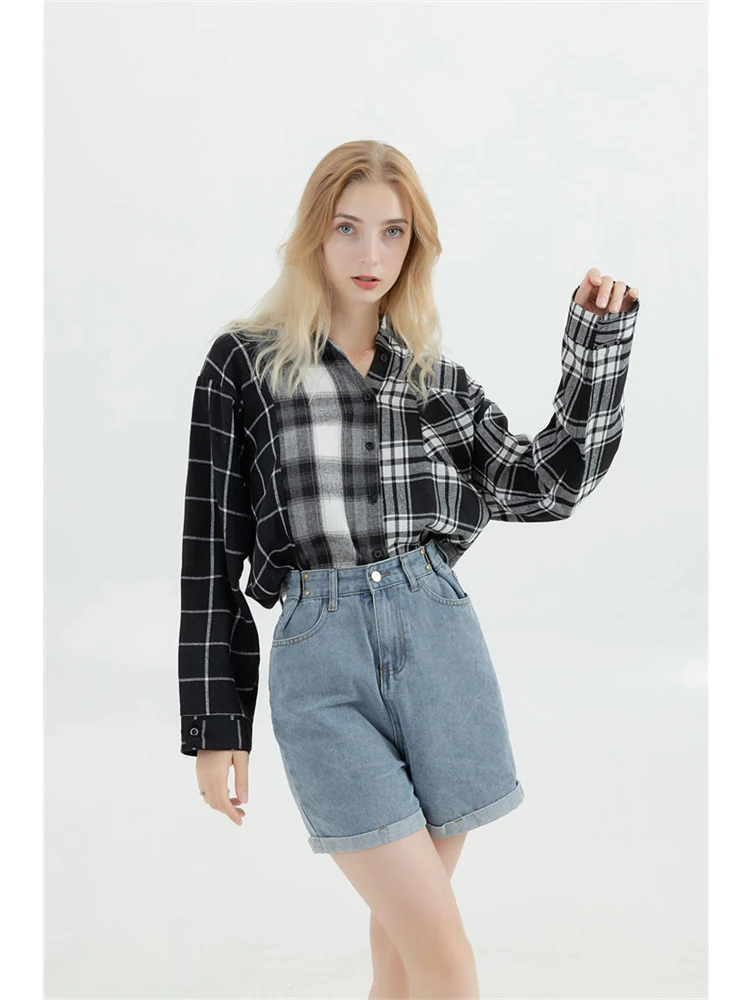 Oversized Plaid Patchwork Blouses Vintage Streetwear Boyfriend Shirt For Ladies Ulzzang Harajuku Long Sleeve 2022 Blusas Tops