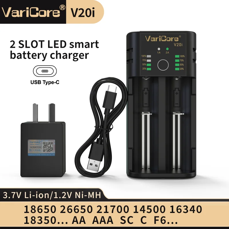 

VariCore-V20i-Универсальное интеллектуальное зарядное устройство для 18650/21700/AA/AAA — светодиодный индикатор USB 5 В, 2 А, литий-ионный Ni-MH, Ni-Cd, автоматическое обнаружение