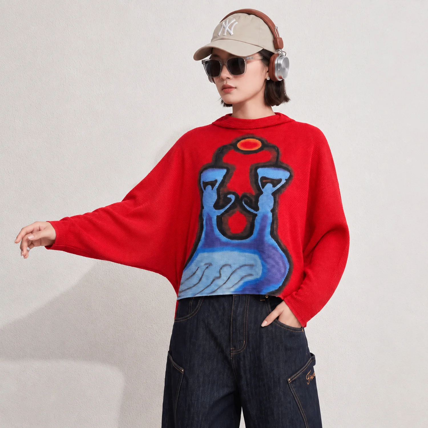 Women Miyake Pleated  Plus Size Pleated Knit Top, Graffiti Print Turtleneck Batwing Sleeve Loose Long Sleeve Blouse