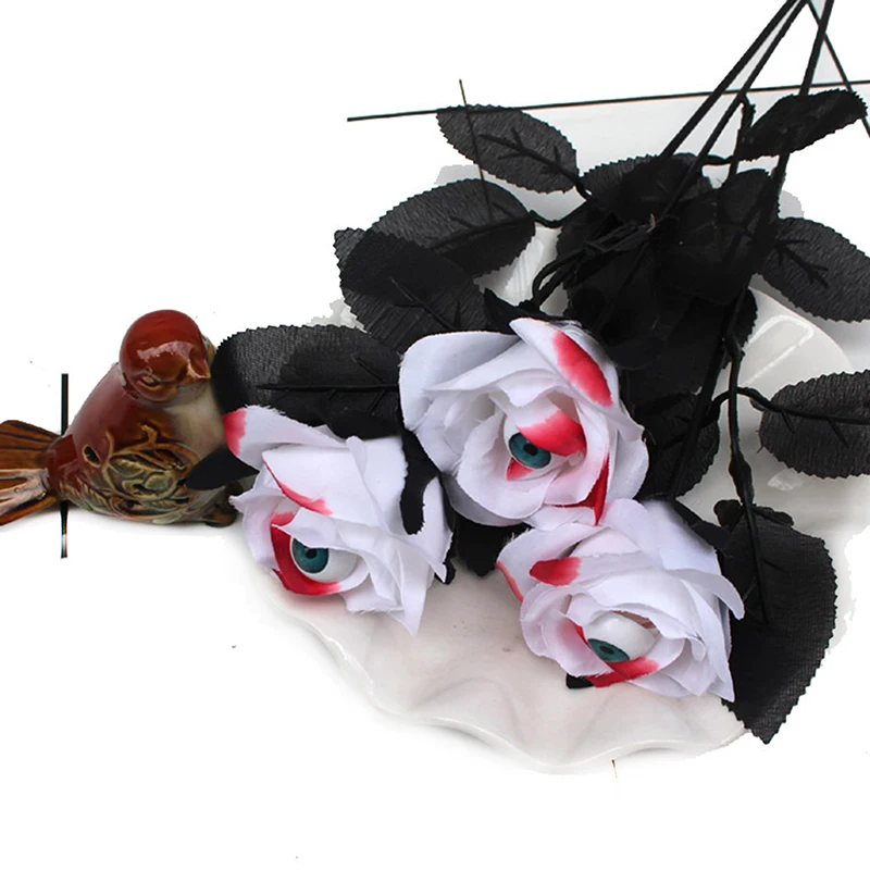 1pc 41cm preto falso flor cosplay acessórios de fantasia horror flor rosa artificial flor com globo ocular fontes do dia das bruxas