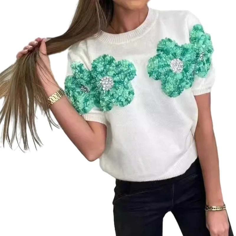 Pull moderne pour femmes, pull à fleurs 3D, haut tricoté à manches courtes