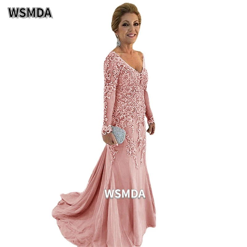 Vestidos de encaje de manga larga para madre de la novia, vestido de fiesta de boda de sirena de tul con cremallera en la espalda, vestido de noche Formal