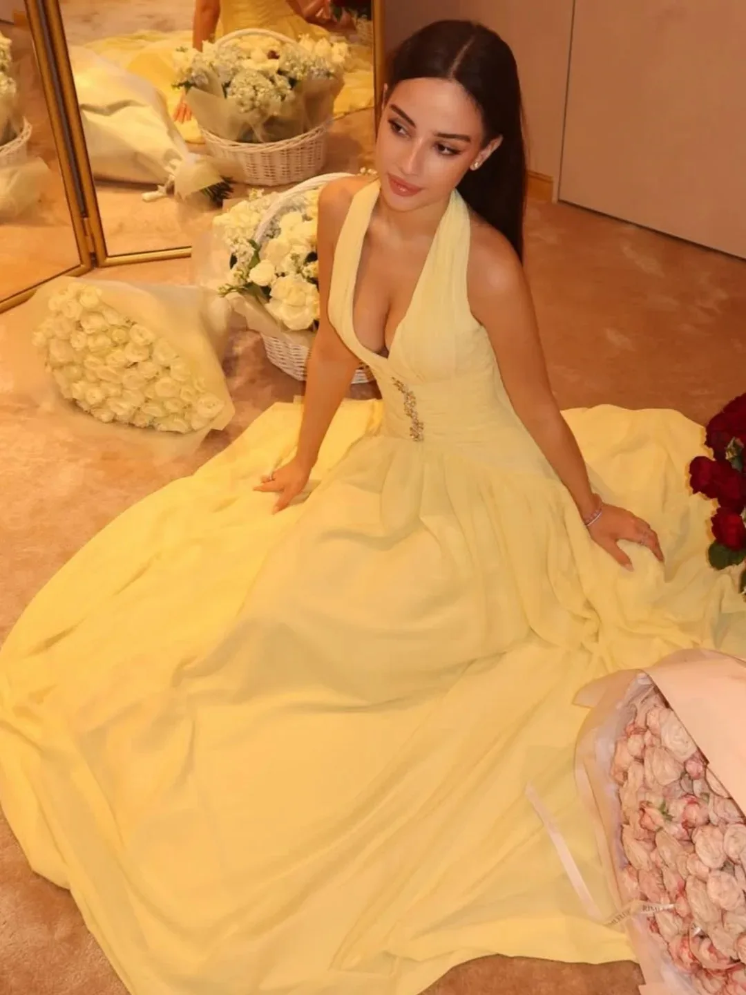 Customized Sexy Saudi Halter Neck Prom Gown Women's Yellow A-line Party Evening Dress and Floor-length Special Occasion Dresses
