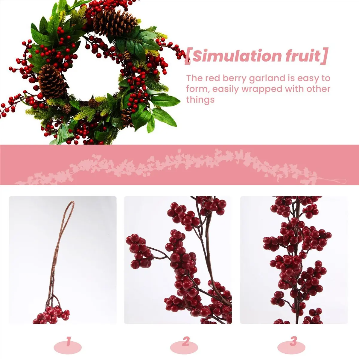 A1643Z~5.9 Ft Christmas Red Berry Garland Artificial Burgundy Red Pip Christmas Garland for Fireplace Decorations Holiday Decor