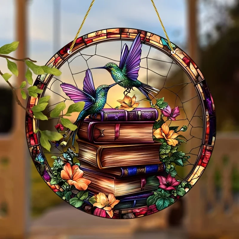 Charming Hummingbird and Magic Book - 20.32cm x 20.32cm Stained Glass Style Window Hanging, Perfect for Home and Garden Decorati