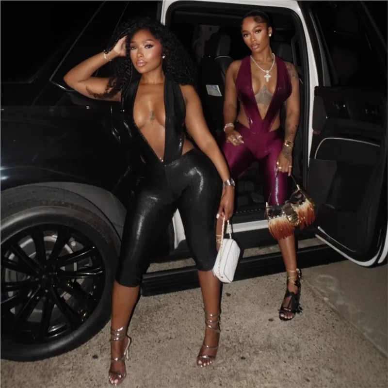 

Sexy Slim 2 Piece Set Women Black Thin Light Deep V-neck Backless Sleeveless Jumpsuit Top +Half Pants Suit Club Party Streetwear