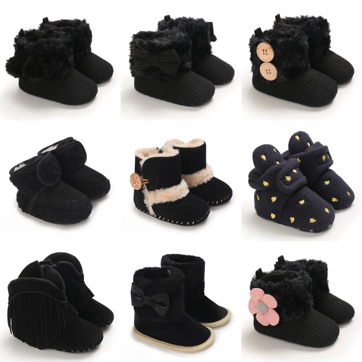 Botas de otoño e invierno para bebés, zapatos cálidos negros para niños y niñas, zapatos de moda para niños pequeños de 0 a 18 meses