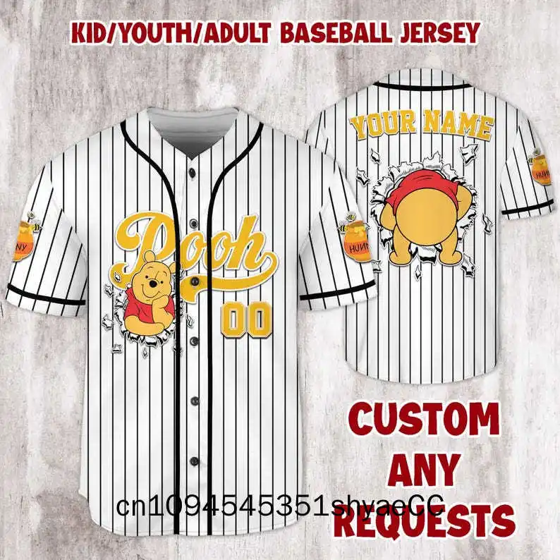 Personalize Disney Winnie the Pooh Baseball Jersey, Custom Kid Youth Adult Disney Jersey, Baseball Disneyland, Winnie Pooh Jerse
