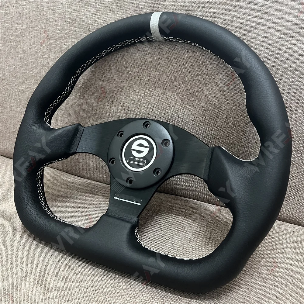 

320mm Black Leather Steering Wheel D Shape Racing White Stitching Silver Ring