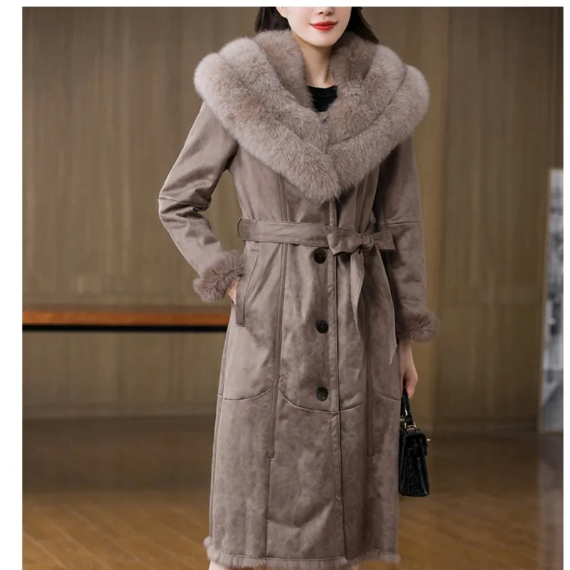 2022 New Women Winter Coats With Big Fox Fur Collar Real Rabbit Fur With Leather Jacket Over Size Parka Lady Fashion Outwear