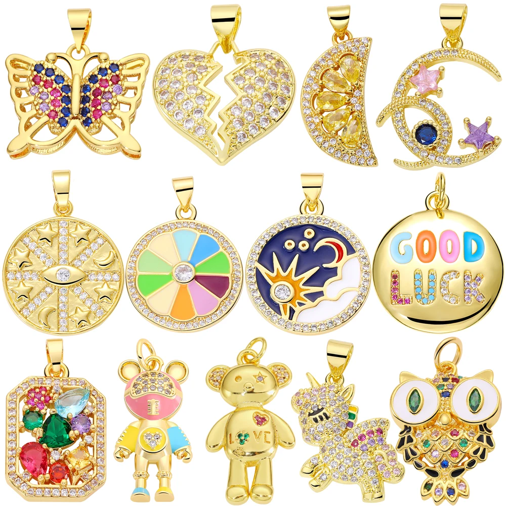 Juya DIY 18K Real Gold Plated Handicraft Butterfly Love Heart Moon Star Evil Eye Lemon Owl Bear Enamel Charms Pendant Supplies