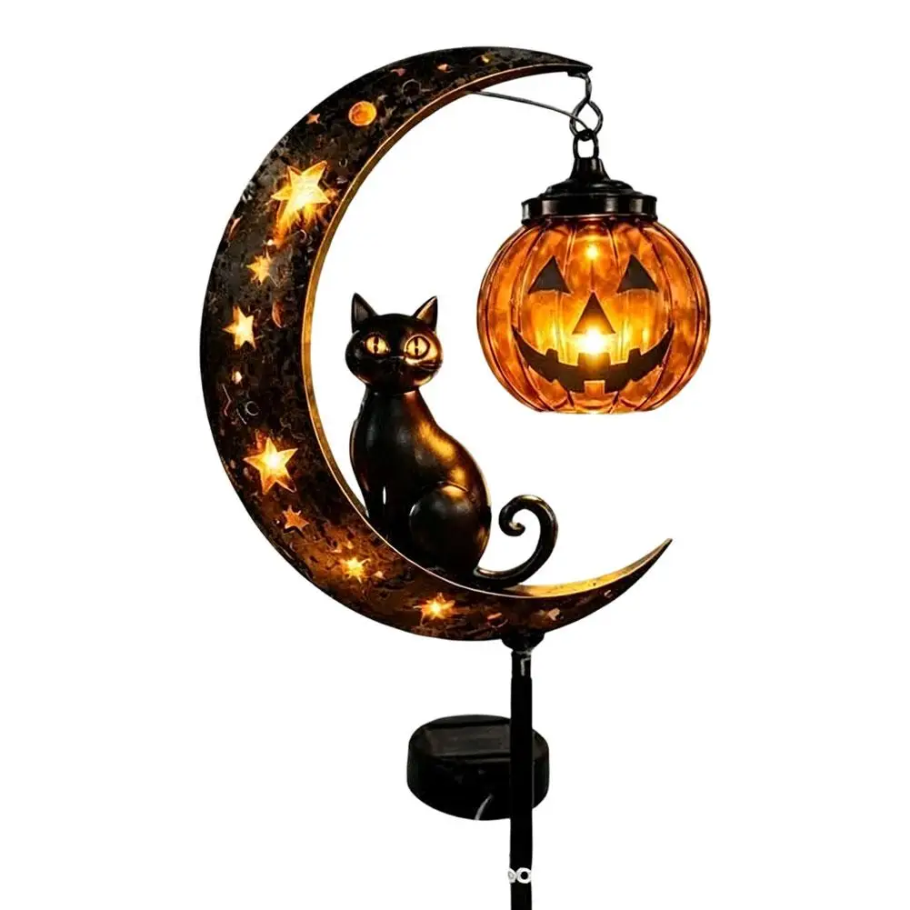 Halloween Schwarze Katze & Kürbis-Mond Gartenleuchte, Gartenlampe Dekoration, Outdoor Wasserdichte Metall-Kürbis-Pfahl-Deko – Detail 1