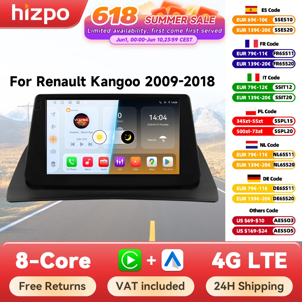Hizpo-Autoradio Android Auto pour Renault, Kangoo 2009-2018, Lecteur de Limitation, Carplay, GPS, Système Intelligent, Sans DVD 2DIN, Unité Principale
