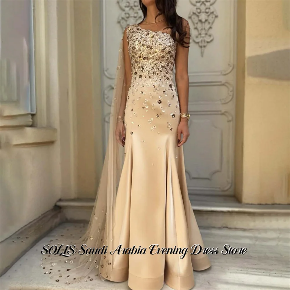 

SOLIS Champagne Prom Dresses One Shoulder Gala Dresses with Glitter Sequins Saudi Arabic Wrap Hips Evening Party Gown Customized