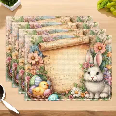 Linen Material Easter Bunny Placemat with Traditional Ethnic Patterns Grid Table Mat Suitable for Restaurants Kitchens Parties