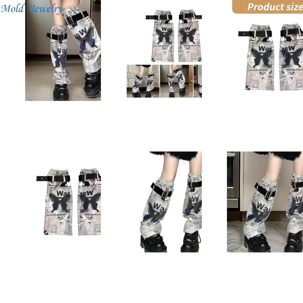 

69HB Magazine Butterfly Print Leg Guard Harajuku Buckled Strap Leg Warmer Streetwear