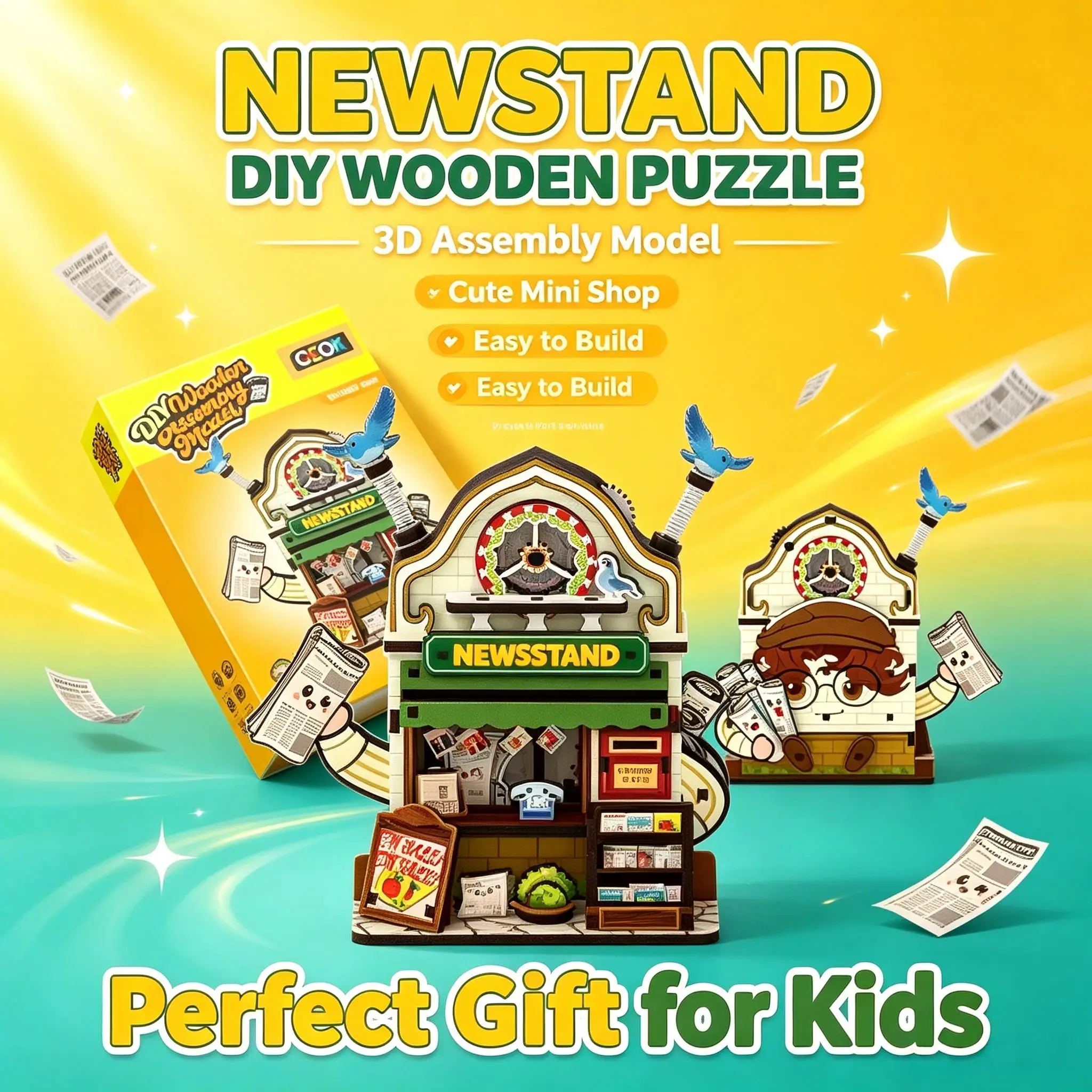 Vintage Newsstand DIY 3D Wooden Puzzle Mini Magazine Shop Handmade Miniature Ornament Craft Gift for Collectors Teens Kids